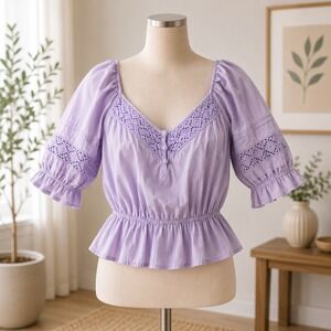 NWOT BP Lavender Purple Peasant Blouse Crochet Lace‎ Peplum Top XS